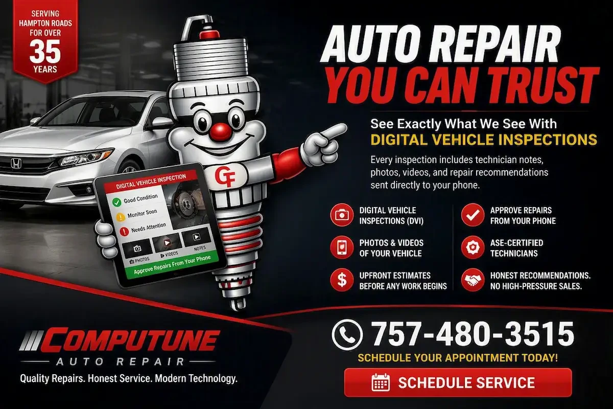 Auto Repair You Can Trust — Digital Vehicle Inspections at CompuTune Car Care. See exactly what we see with photos, videos, and technician notes sent to your phone. Call 757-480-3515.